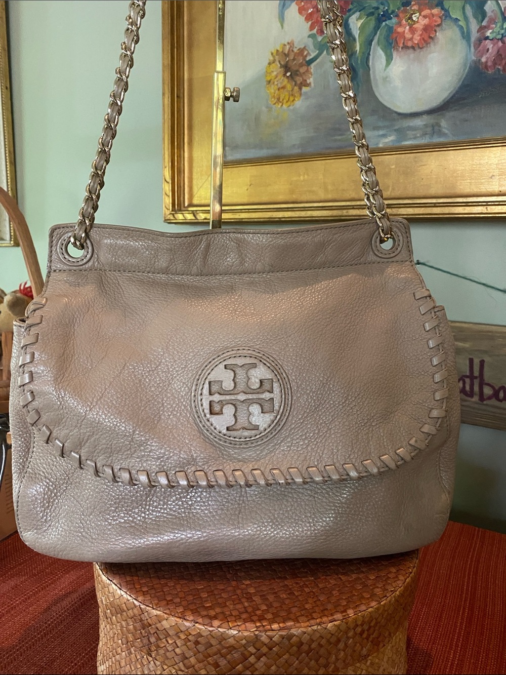 Tory Burch Taupe Leather Marion Saddle Bag Purse. - Picture 11 of 11